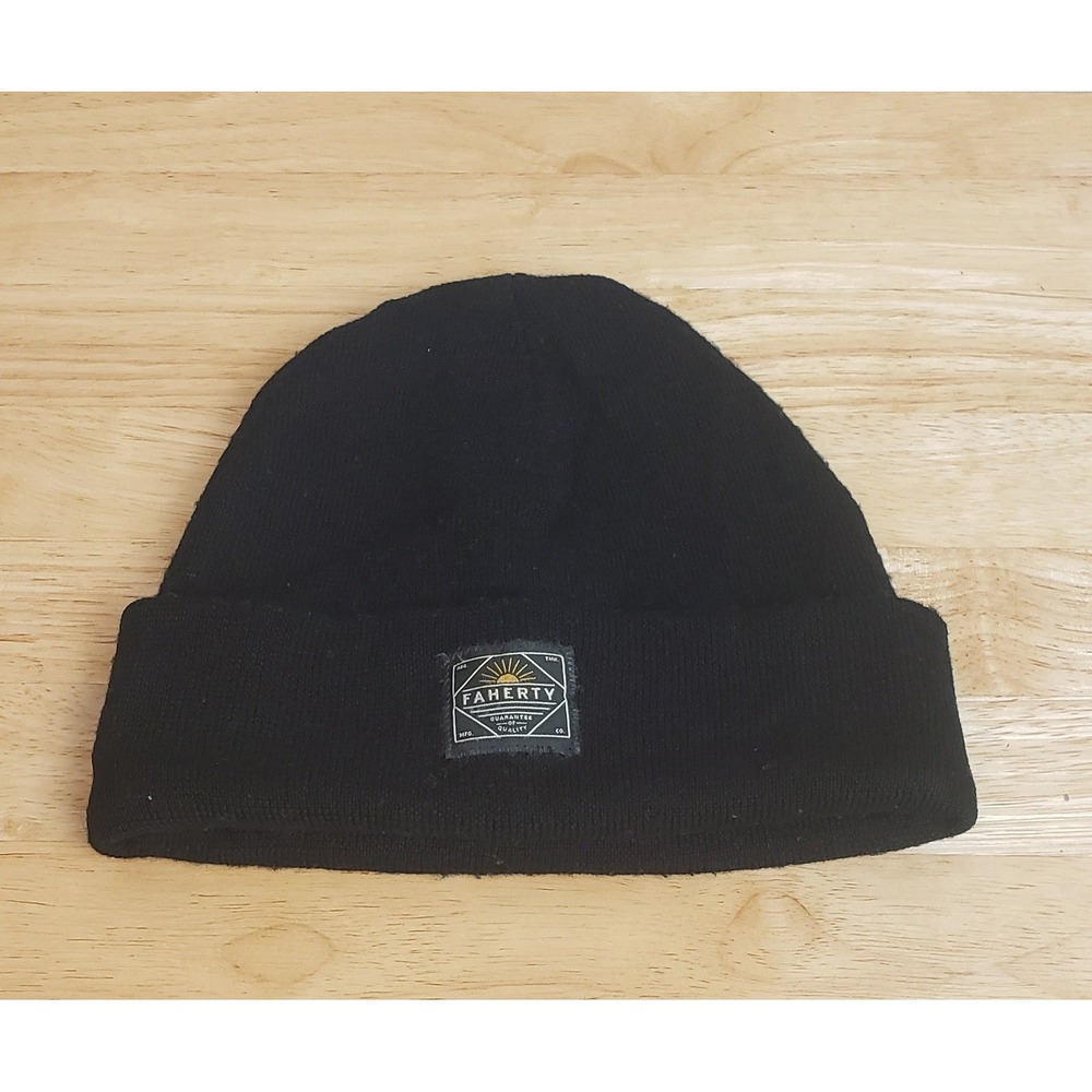 Faherty Brand Black 100% Merino Wool Ribbed Knit Beanie Hat OS Winter Cozy